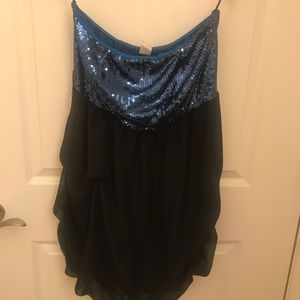 strapless dress.  Sequins top.  Flowy bottom